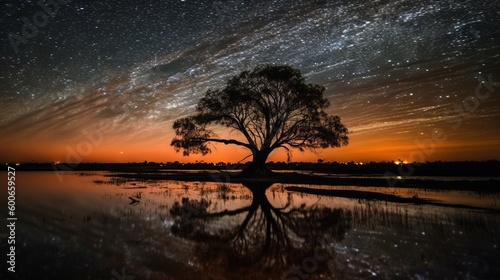  a lone tree is silhouetted against a night sky with stars. generative ai