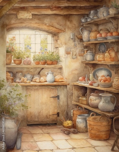 Watercolor drawing of vintage kitchen, rustic kitchen in pastel colors photo