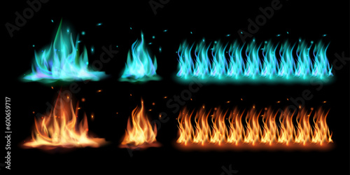 Red, orange and blue fire flame realistic set. Fire flames burning, natural gas burning and igniting red and blue fire. Vector illustration.