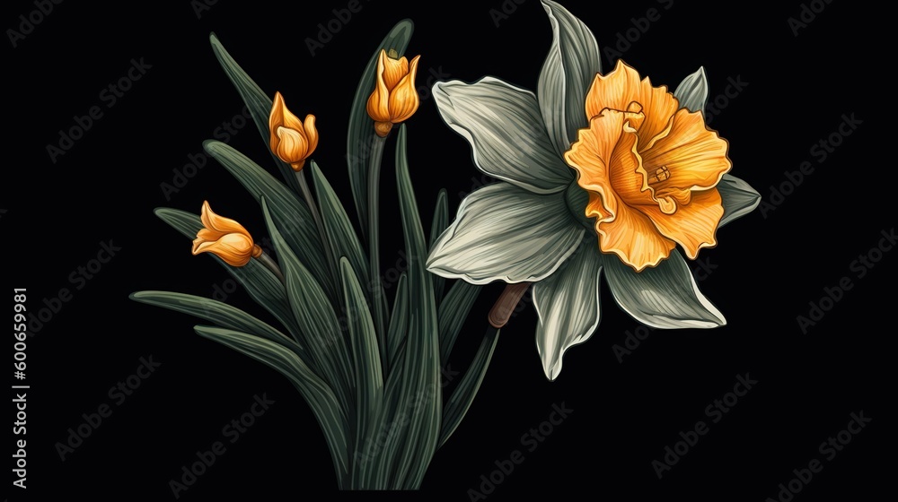  a painting of yellow and white flowers on a black background.  generative ai