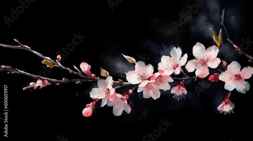  a branch with pink flowers on it against a black background. generative ai