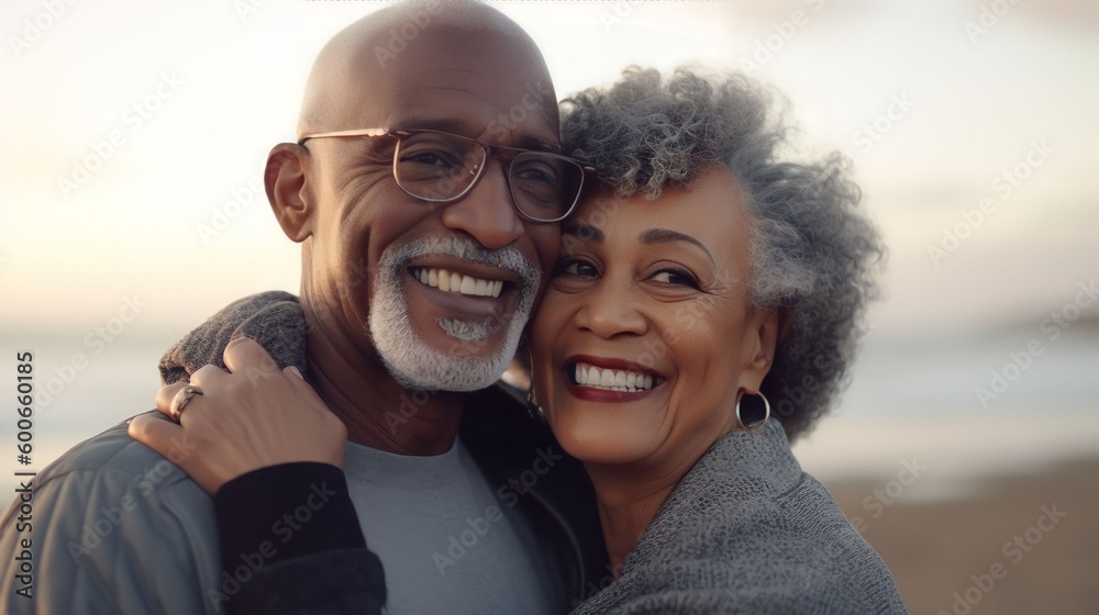 Fototapeta premium Romantic senior couple by the ocean. Affectionate elderly couple enjoying spending some quality time together after retirement, Generative AI
