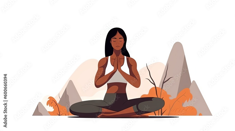  a woman sitting in a yoga position in front of mountains.  generative ai