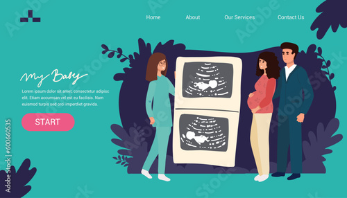Pregnancy healthcare and support concept.Gynecologist Doctor Consultate Pregnant Woman and Man.Online Digital Ultrasound.Prenatal Set of pregnant woman feeling pain in back looking at ultrasound