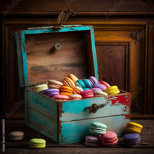 Cakes macaron or macaroon in wooden vintage box on rustic table, colorful bright cookies.