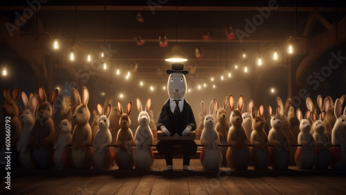 Mr Rabbit waiting on a music concert with other rabbits. Cute surreal rabbit fantasy. Animal world. AI art.