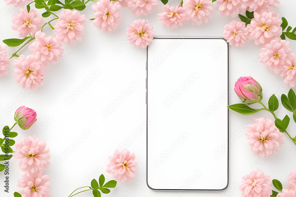ai-generated, illustration of a flower frame and a cellphone with a blank screen ai-generated, illustration of a flower frame and a cellphone with a blank screen