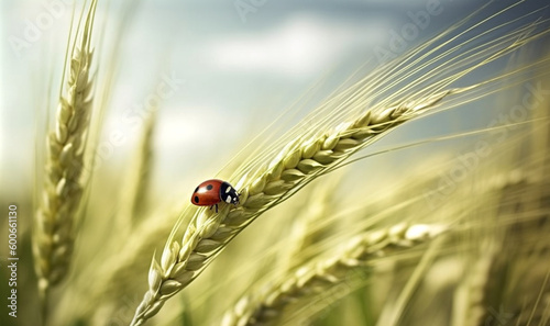 Ladybug on a wheat plant. Generative AI.