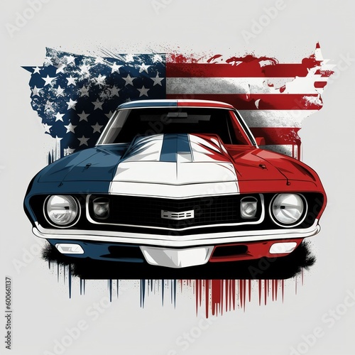 1968 Chevrolet Camaro make a t-shirt design American flag background and white background With Generative AI technology