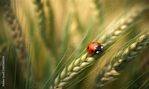 Ladybug on a wheat plant. Generative AI.