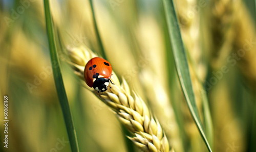 Ladybug on a wheat plant. Generative AI.