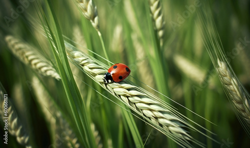 Ladybug on a wheat plant. Generative AI.