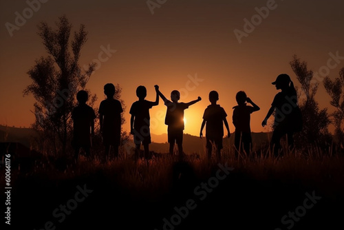Silhouette of a group of happy children on sunset background.