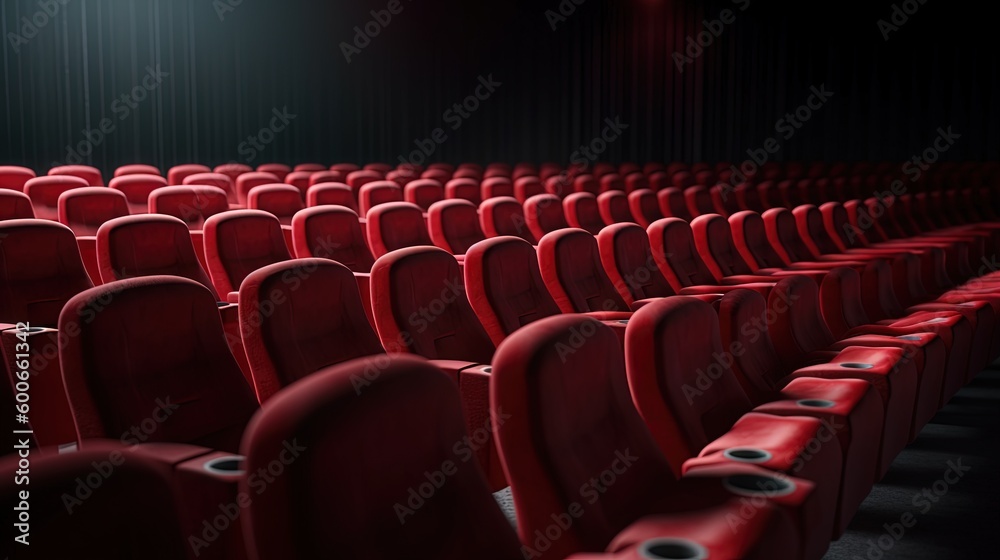  a row of red chairs in a dark room with a projector screen.  generative ai