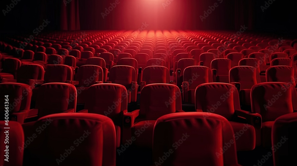  a theater with rows of red seats and a red light.  generative ai