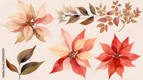  a bunch of flowers that are on a white surface with leaves. generative ai