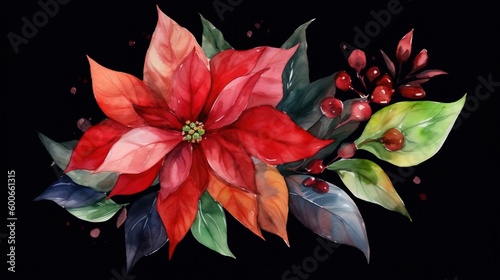  a painting of a poinsettia with leaves and berries. generative ai