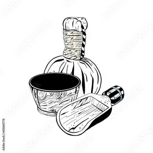Vector illustration of set bowl and shovel for cosmetic salt and cosmetic bag for massage on white background. Black outline, graphic drawing in curves. For postcards, design and composition