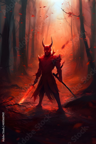 hell demon knight soldier hold fire sword devils army warrior in forest full body digital brush painting portrait created with Generative AI technology