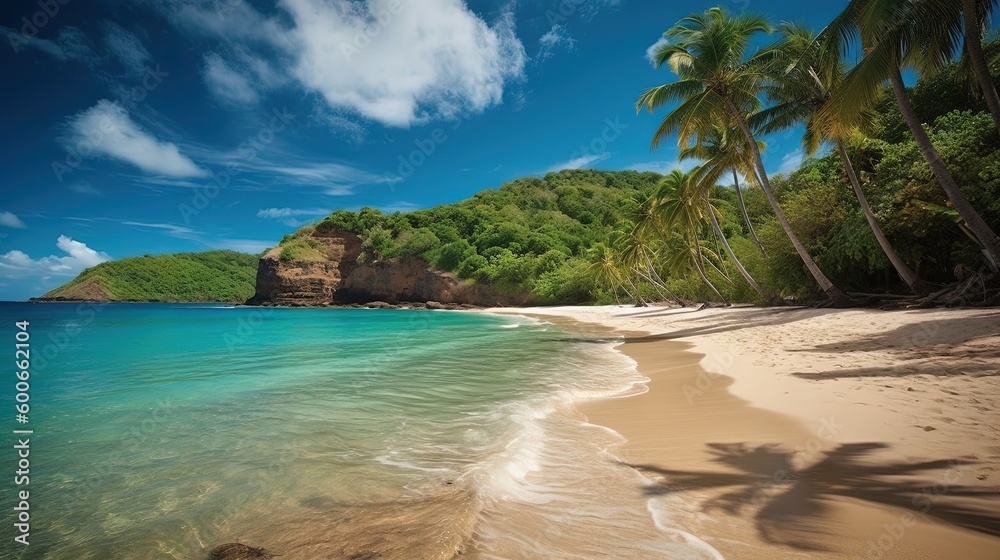  a sandy beach with palm trees and clear blue ocean water.  generative ai