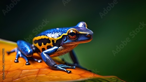 close up blue orange frog on leaf with copy space, Generative Ai