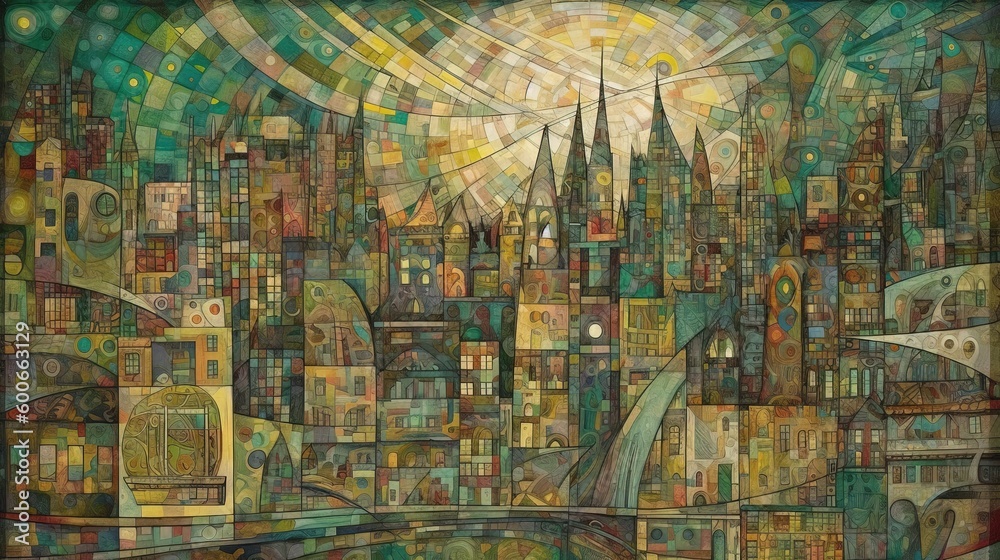  a painting of a cityscape with a sun in the background.  generative ai
