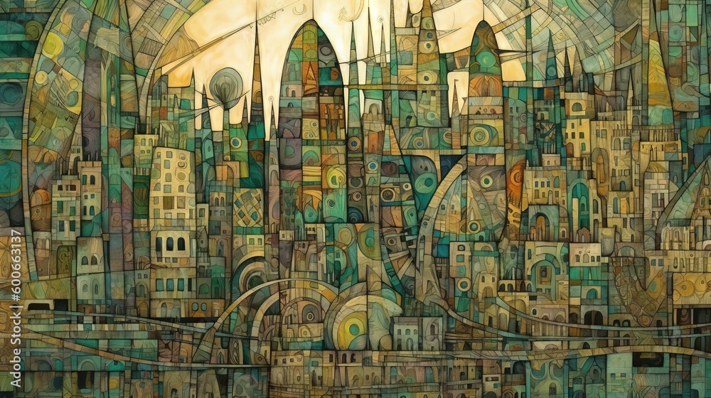  a painting of a city with lots of buildings in it.  generative ai