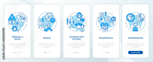 Voluntary childlessness reasons blue onboarding mobile app screen. Walkthrough 5 steps editable graphic instructions with linear concepts. UI, UX, GUI template. Myriad Pro-Bold, Regular fonts used