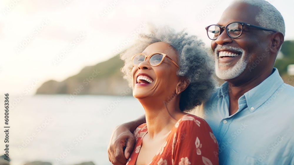 Romantic senior couple by the ocean. Affectionate elderly couple enjoying spending some quality time together after retirement, Generative AI - obrazy, fototapety, plakaty 