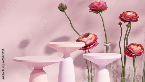 3D podium display, pastel pink background with rose flowers. Pink flower and glass vase. Minimal pedestal for beauty, cosmetic product. Valentine, holiday, feminine copy space template 3d render	