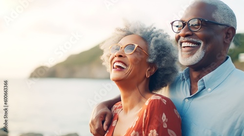 Romantic senior couple by the ocean. Affectionate elderly couple enjoying spending some quality time together after retirement, Generative AI photo