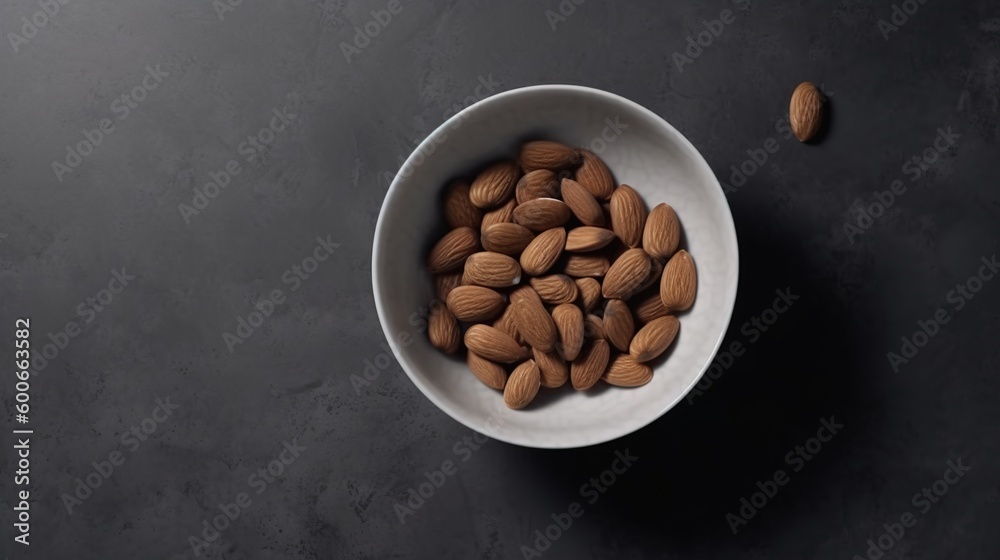 almonds in a white bowl on a dark background, top view. generative ai almonds in a white bowl on a dark background, top view. generative ai