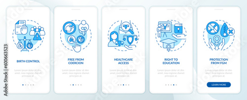 Reproductive rights blue onboarding mobile app screen. Gender equality walkthrough 5 steps editable graphic instructions with linear concepts. UI, UX, GUI template. Myriad Pro-Bold, Regular fonts used