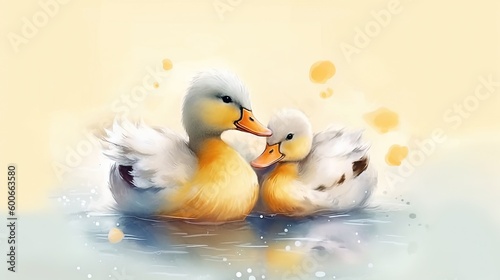  a painting of three ducks in the water with bubbles of water around them. generative ai