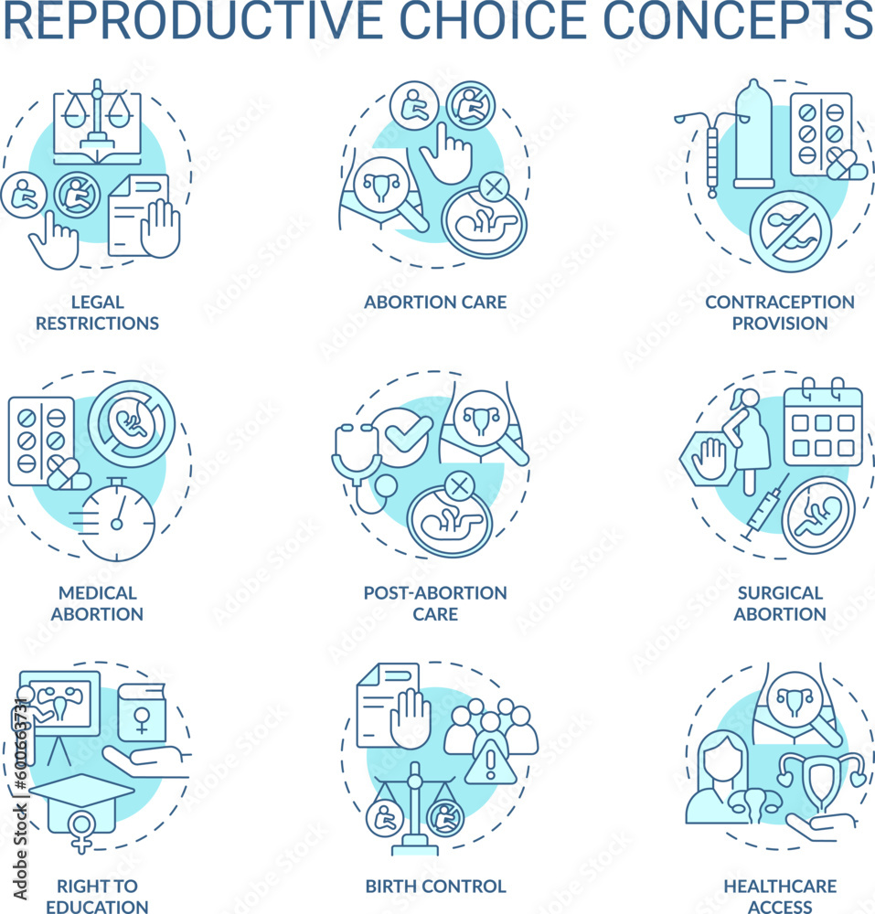 Reproductive choice turquoise concept icons set. Female empowerment. Sexual health. Social justice. Birth control. Women right idea thin line color illustrations. Isolated symbols. Editable stroke