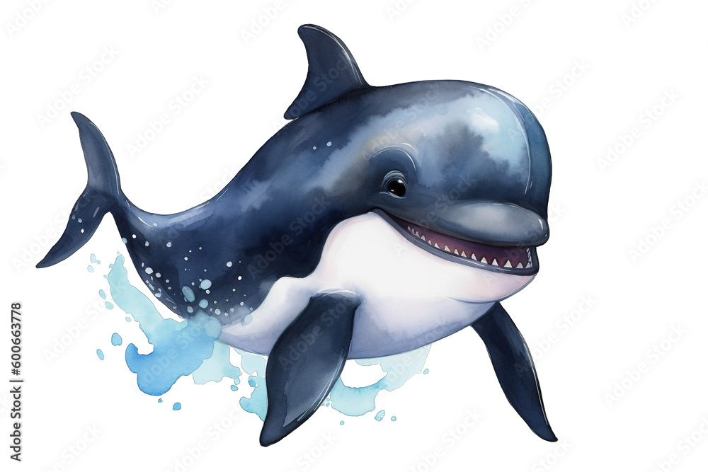 Fototapeta premium super cute baby orca full body view massive blue eyes and big head smiling cutely watercolor 