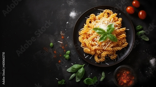 Italian pasta with tomatoes and cheese on the black plate, high angle, copy space, traditional cuisine  