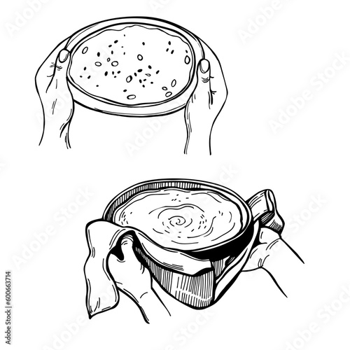 Hands with casseroles. Sketch illustration.