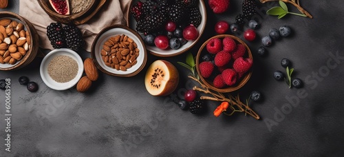 flat lay banner background of full of healthy fresh sliced fruits, Generative Ai