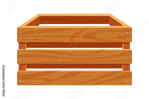 Wooden box, delivery container in cartoon style, game asset isolated on white background. Wood packing, open textured.