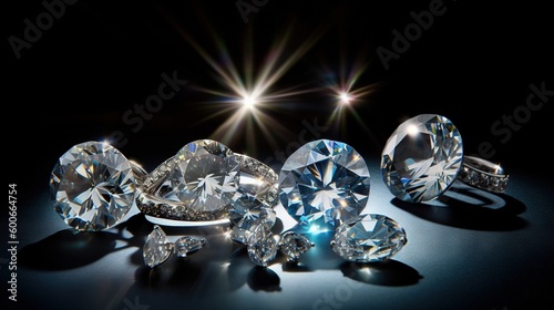  a group of diamonds on a black surface with a bright light behind them. generative ai
