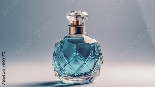  a bottle of perfume on a white surface with a blue background. generative ai