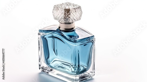  a bottle of blue perfume on a white background with a diamond cap. generative ai