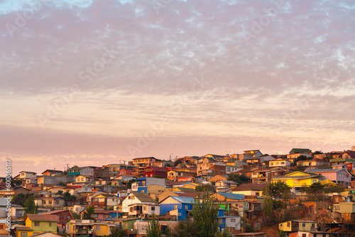 Colourful houses of Valparaíso at sunset, Valparaiso, Chile