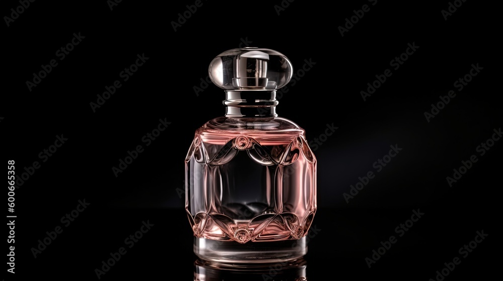 a bottle of perfume sitting on a black surface with a black background. generative ai a bottle of perfume sitting on a black surface with a black background. generative ai