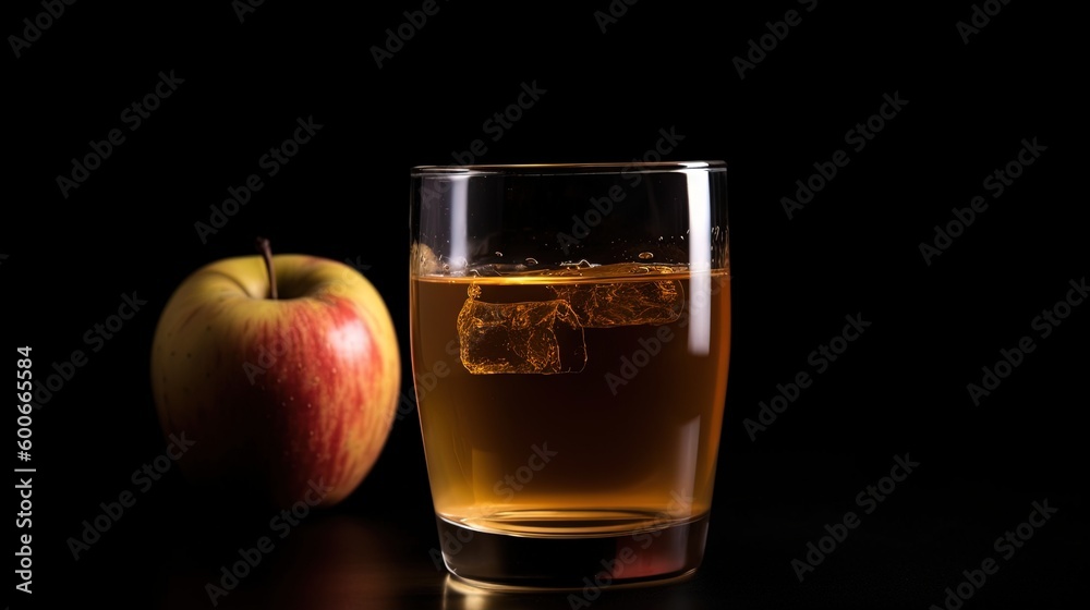 a glass of apple cider next to an apple on a table. generative ai a glass of apple cider next to an apple on a table. generative ai