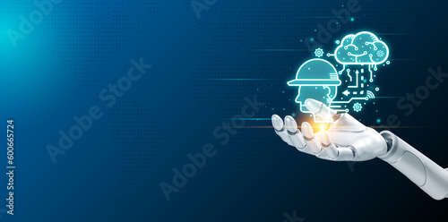 Digital Artificial intelligence (AI) interface new technology concept.Hand robot hold display hologram brain human by 3D rendering. machine learning with smart big data. Robot assistant to help.