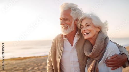 Romantic senior couple by the ocean. Affectionate elderly couple enjoying spending some quality time together after retirement, Generative AI