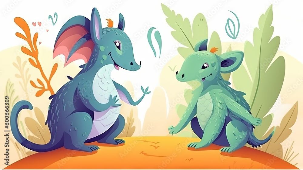  a couple of small blue dragon standing next to each other.  generative ai