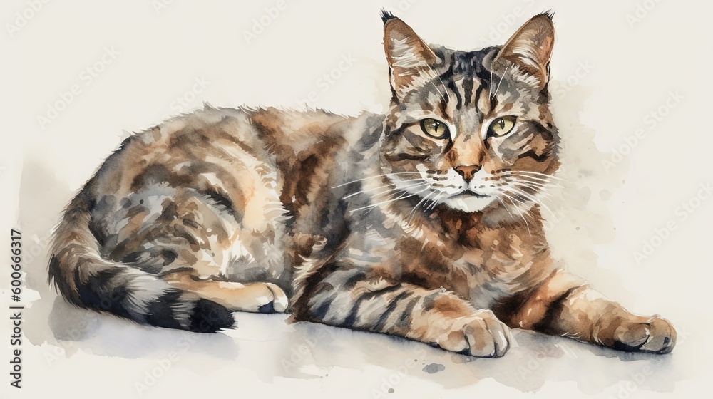  a watercolor painting of a cat laying down on the ground.  generative ai